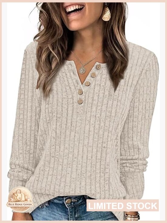 Sweaters - Front Button Tunic Sweater Crewneck Long Sleeve Fall Fashion Trendy Striped